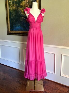 Petal & Pup Flutter Strap Deep V Midi Dress in Hot Pink/Berry. Size small.